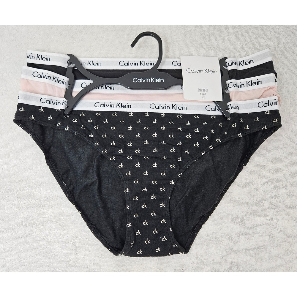 Calvin Klein Women's 3-Pack Cotton Bikini Briefs, Size LG, Black/Beige/Logo, NWT